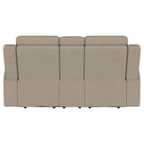 Brentwood Taupe Upholstered Motion Reclining Loveseat with Console by Coaster at Eve Furniture
