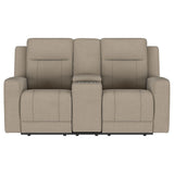 Brentwood Upholstered Motion Reclining Loveseat with Console Taupe