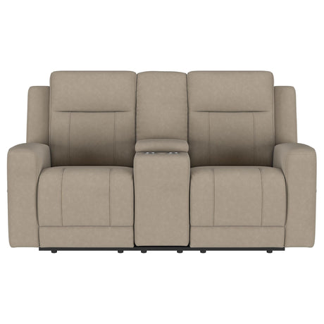 Brentwood Upholstered Motion Reclining Loveseat with Console Taupe