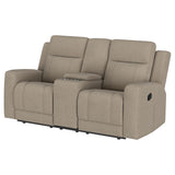 Brentwood Upholstered Motion Reclining Loveseat with Console Taupe