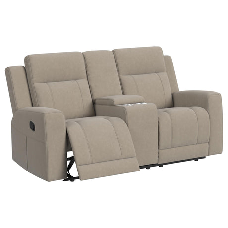 Brentwood Taupe Upholstered Motion Reclining Loveseat with Console by Coaster at Eve Furniture