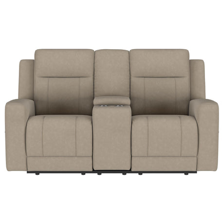Brentwood Taupe Upholstered Motion Reclining Loveseat with Console by Coaster at Eve Furniture