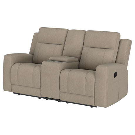 Brentwood Taupe Upholstered Motion Reclining Loveseat with Console by Coaster at Eve Furniture