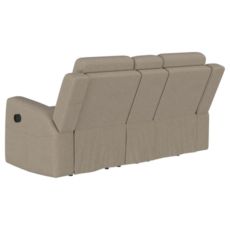 Brentwood Taupe Upholstered Motion Reclining Loveseat with Console by Coaster at Eve Furniture