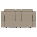 Brentwood Taupe Upholstered Motion Reclining Loveseat with Console by Coaster at Eve Furniture