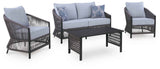 Bridges Beach Gray Outdoor Love/Chairs/Table Set (Set of 4) by Ashley at Eve Furniture
