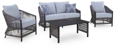 Bridges Beach Gray Outdoor Love/Chairs/Table Set (Set of 4) by Ashley at Eve Furniture