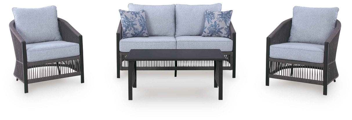 Bridges Beach Gray Outdoor Love/Chairs/Table Set (Set of 4) by Ashley at Eve Furniture