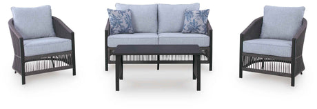 Bridges Beach Gray Outdoor Love/Chairs/Table Set (Set of 4) by Ashley at Eve Furniture