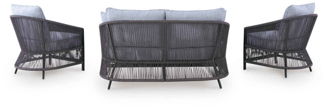 Bridges Beach Gray Outdoor Love/Chairs/Table Set (Set of 4) by Ashley at Eve Furniture