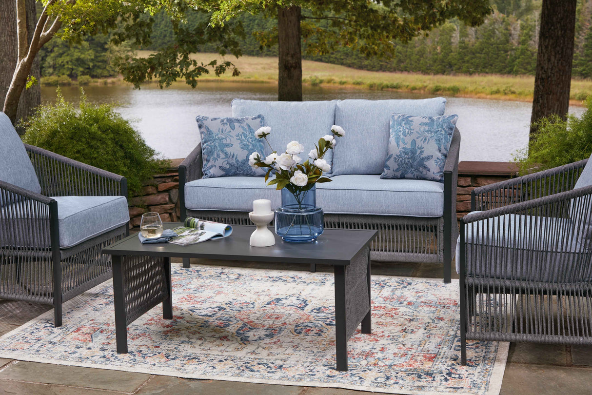 Bridges Beach Gray Outdoor Love/Chairs/Table Set (Set of 4) by Ashley at Eve Furniture
