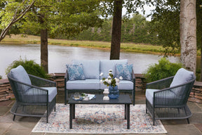 Bridges Beach Gray Outdoor Love/Chairs/Table Set (Set of 4) by Ashley at Eve Furniture