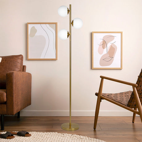 Brilliance Modern Gold Brush Floor Lamp, Opal Glass Shades and Round Metal Base by Ashcroft Furniture at Eve Furniture
