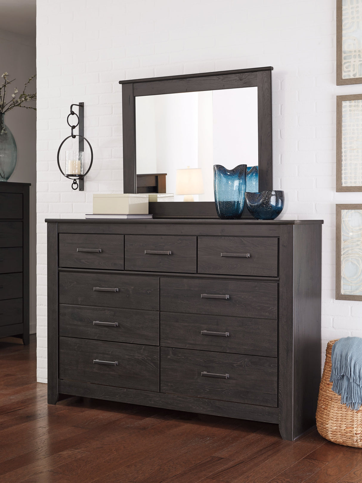 Brinxton King/California King Panel Headboard Bed with Mirrored Dresser and Chest in Charcoal by Ashley at Eve Furniture