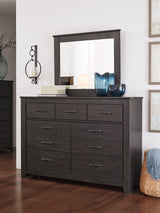 Brinxton King/California King Panel Headboard Bed with Mirrored Dresser and Chest in Charcoal by Ashley at Eve Furniture