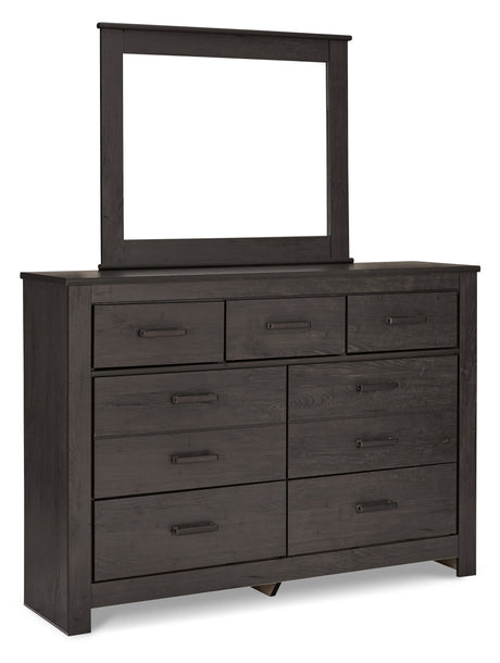 Brinxton King/California King Panel Headboard Bed with Mirrored Dresser and Chest in Charcoal by Ashley at Eve Furniture