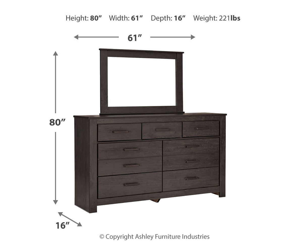 Brinxton King/California King Panel Headboard Bed with Mirrored Dresser and Chest in Charcoal by Ashley at Eve Furniture