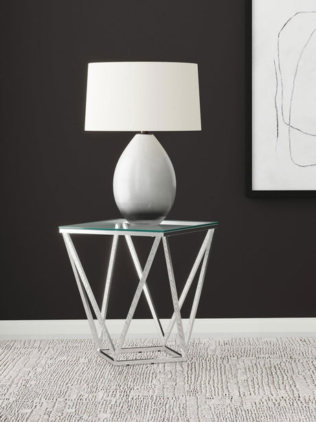 Brittania Nickel Square Geometric End Table with Clear Tempered Glass Top by Coaster at Eve Furniture