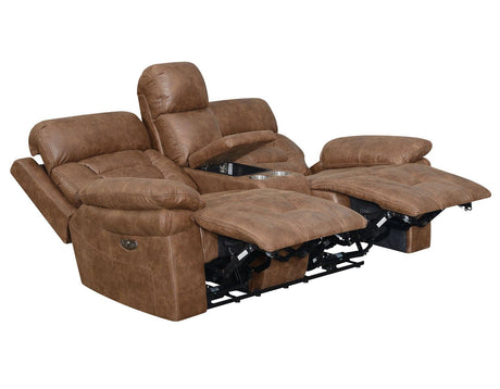 Brock Cinnamon Dual-Power Reclining Console Loveseat by Steve Silver at Eve Furniture