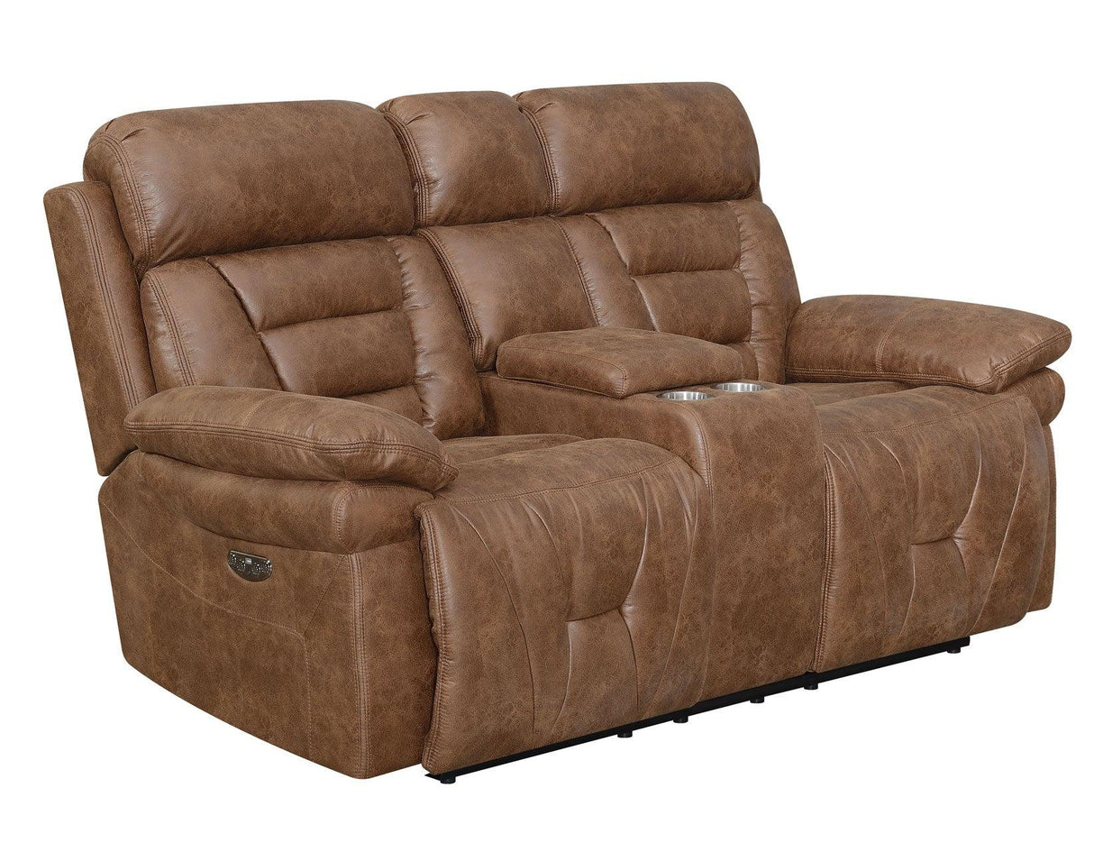 Brock Cinnamon Dual-Power Reclining Console Loveseat by Steve Silver at Eve Furniture
