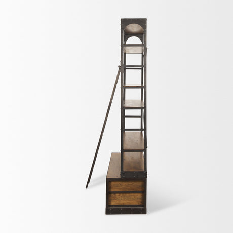 Brodie II Medium Brown Wood Black Ladder Four Shelf Shelving Unit by Mercana at Eve Furniture