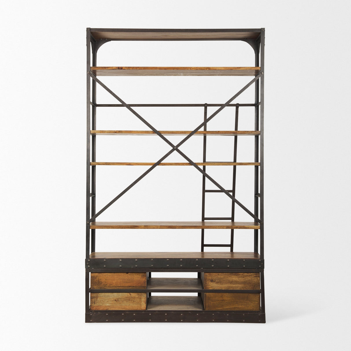 Brodie II Medium Brown Wood Black Ladder Four Shelf Shelving Unit by Mercana at Eve Furniture