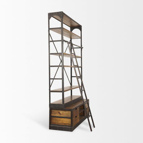 Brodie II Medium Brown Wood Black Ladder Four Shelf Shelving Unit by Mercana at Eve Furniture
