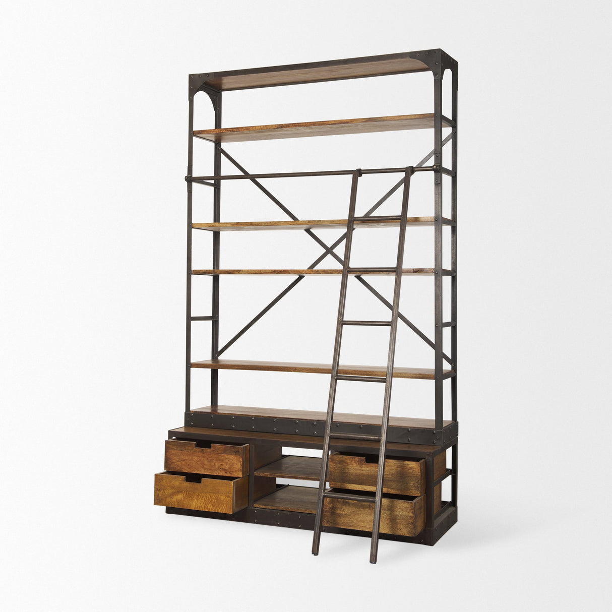 Brodie II Medium Brown Wood Black Ladder Four Shelf Shelving Unit by Mercana at Eve Furniture
