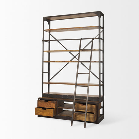Brodie II Medium Brown Wood Black Ladder Four Shelf Shelving Unit by Mercana at Eve Furniture