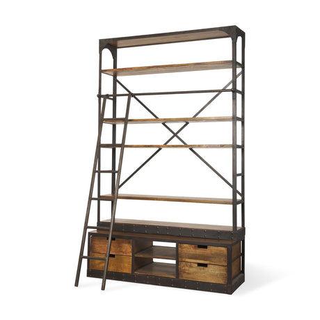 Brodie II Medium Brown Wood Black Ladder Four Shelf Shelving Unit by Mercana at Eve Furniture