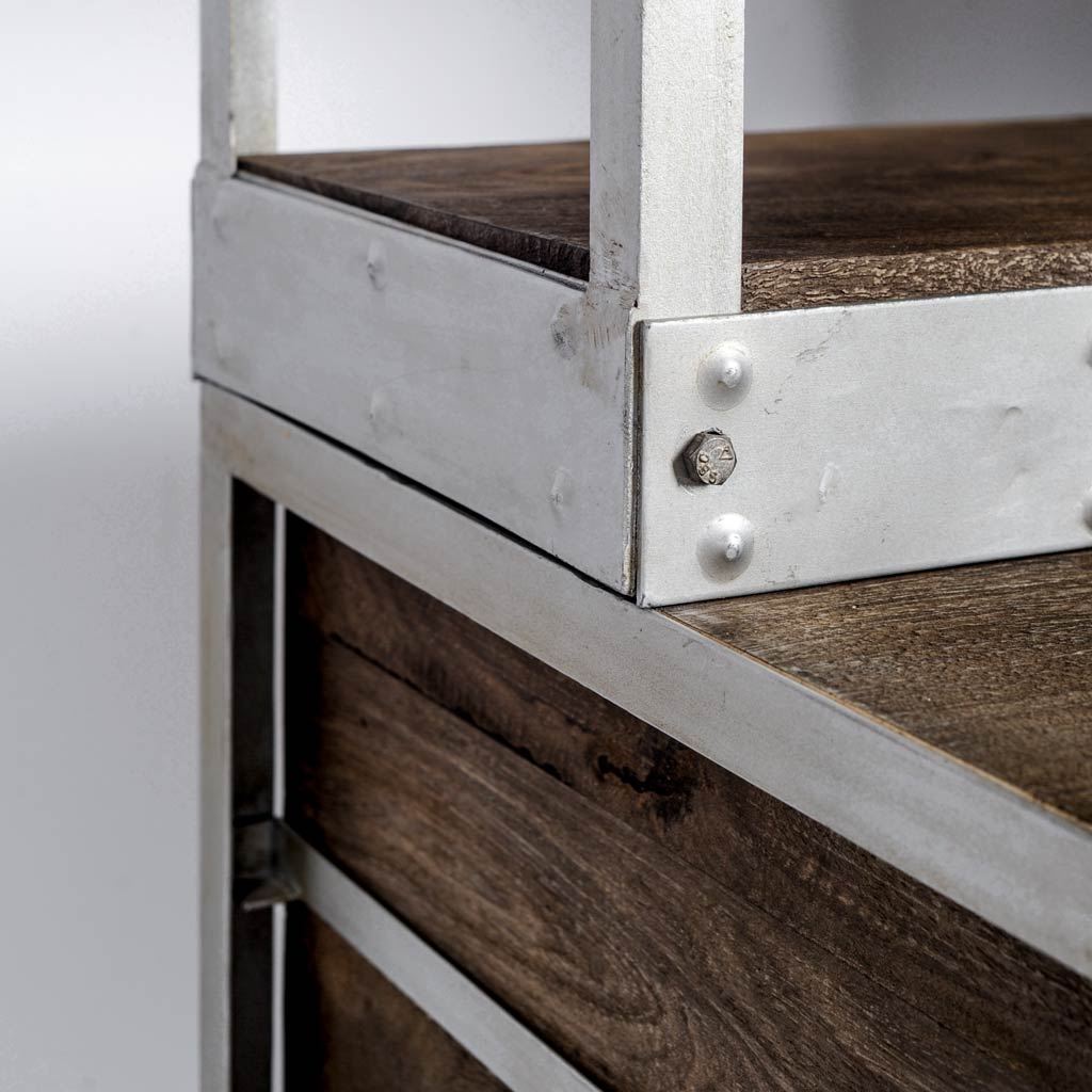 Brodie III Medium Brown Wood Silver Accent Four Shelf Shelving Unit by Mercana at Eve Furniture