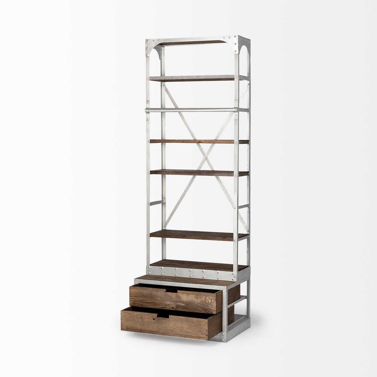 Brodie III Medium Brown Wood Silver Accent Four Shelf Shelving Unit by Mercana at Eve Furniture