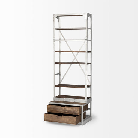 Brodie III Medium Brown Wood Silver Accent Four Shelf Shelving Unit by Mercana at Eve Furniture