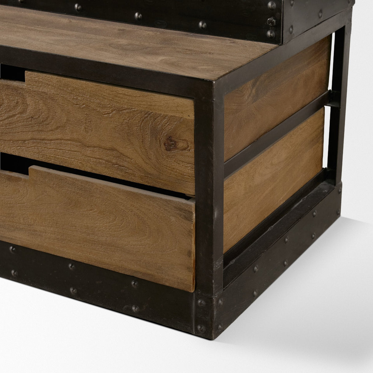 Brodie VII Brown Wood Gun-Metal Bracing Four Shelf Shelving Unit by Mercana at Eve Furniture