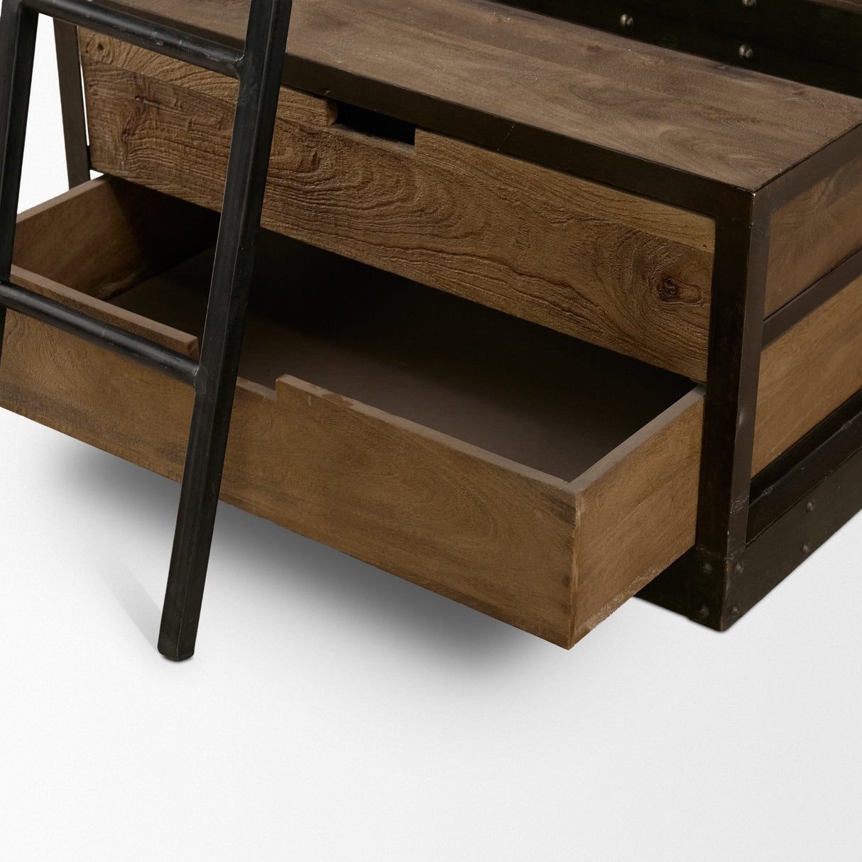 Brodie VII Brown Wood Gun-Metal Bracing Four Shelf Shelving Unit by Mercana at Eve Furniture