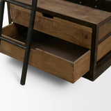 Brodie VII Brown Wood Gun-Metal Bracing Four Shelf Shelving Unit by Mercana at Eve Furniture