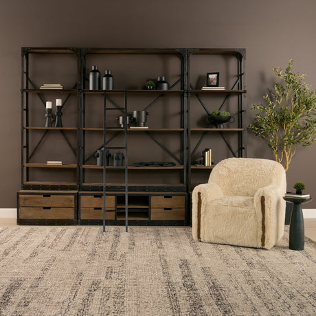 Brodie VII Brown Wood Gun-Metal Bracing Four Shelf Shelving Unit by Mercana at Eve Furniture