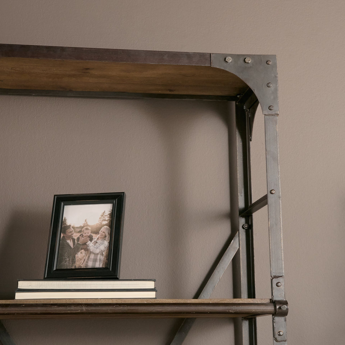 Brodie VII Brown Wood Gun-Metal Bracing Four Shelf Shelving Unit by Mercana at Eve Furniture