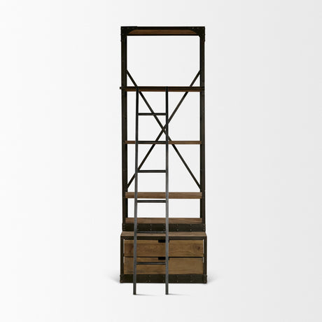 Brodie VII Brown Wood Gun-Metal Bracing Four Shelf Shelving Unit by Mercana at Eve Furniture