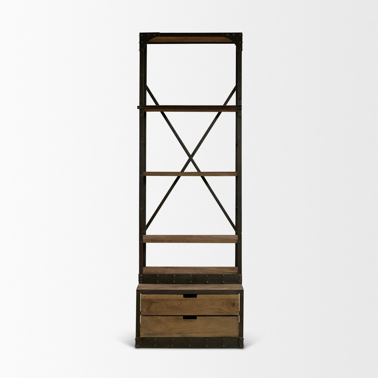 Brodie VII Brown Wood Gun-Metal Bracing Four Shelf Shelving Unit by Mercana at Eve Furniture