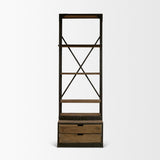 Brodie VII Brown Wood Gun-Metal Bracing Four Shelf Shelving Unit by Mercana at Eve Furniture