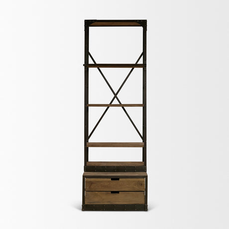 Brodie VII Brown Wood Gun-Metal Bracing Four Shelf Shelving Unit by Mercana at Eve Furniture