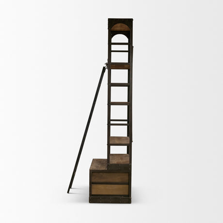 Brodie VII Brown Wood Gun-Metal Bracing Four Shelf Shelving Unit by Mercana at Eve Furniture