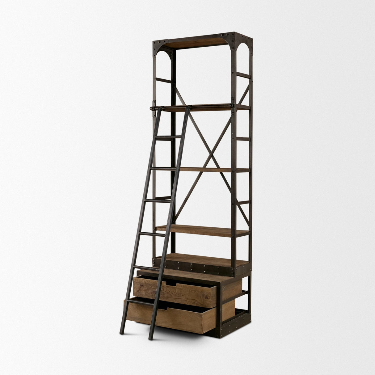 Brodie VII Brown Wood Gun-Metal Bracing Four Shelf Shelving Unit by Mercana at Eve Furniture