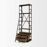 Brodie VII Brown Wood Gun-Metal Bracing Four Shelf Shelving Unit by Mercana at Eve Furniture