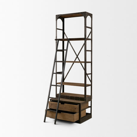 Brodie VII Brown Wood Gun-Metal Bracing Four Shelf Shelving Unit by Mercana at Eve Furniture