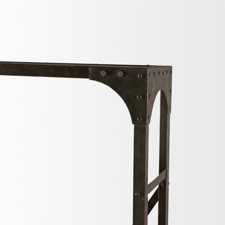 Brodie VII Brown Wood Gun-Metal Bracing Four Shelf Shelving Unit by Mercana at Eve Furniture