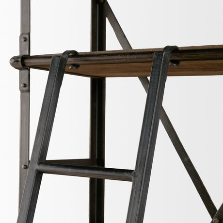 Brodie VII Brown Wood Gun-Metal Bracing Four Shelf Shelving Unit by Mercana at Eve Furniture