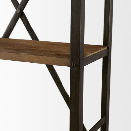Brodie VII Brown Wood Gun-Metal Bracing Four Shelf Shelving Unit by Mercana at Eve Furniture