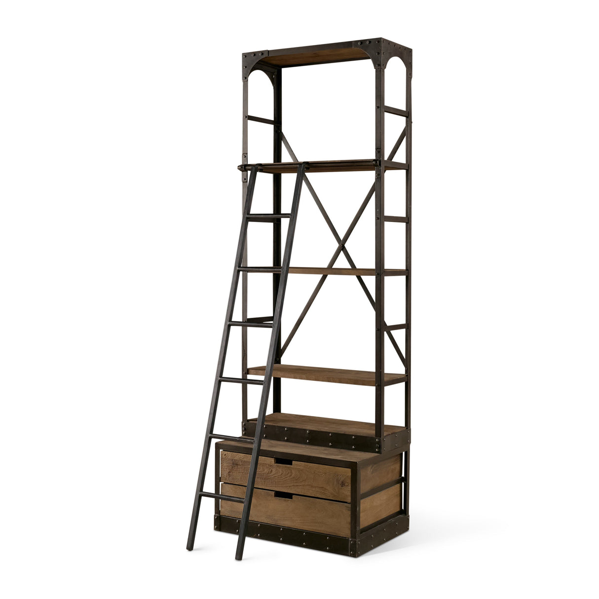 Brodie VII Brown Wood Gun-Metal Bracing Four Shelf Shelving Unit by Mercana at Eve Furniture